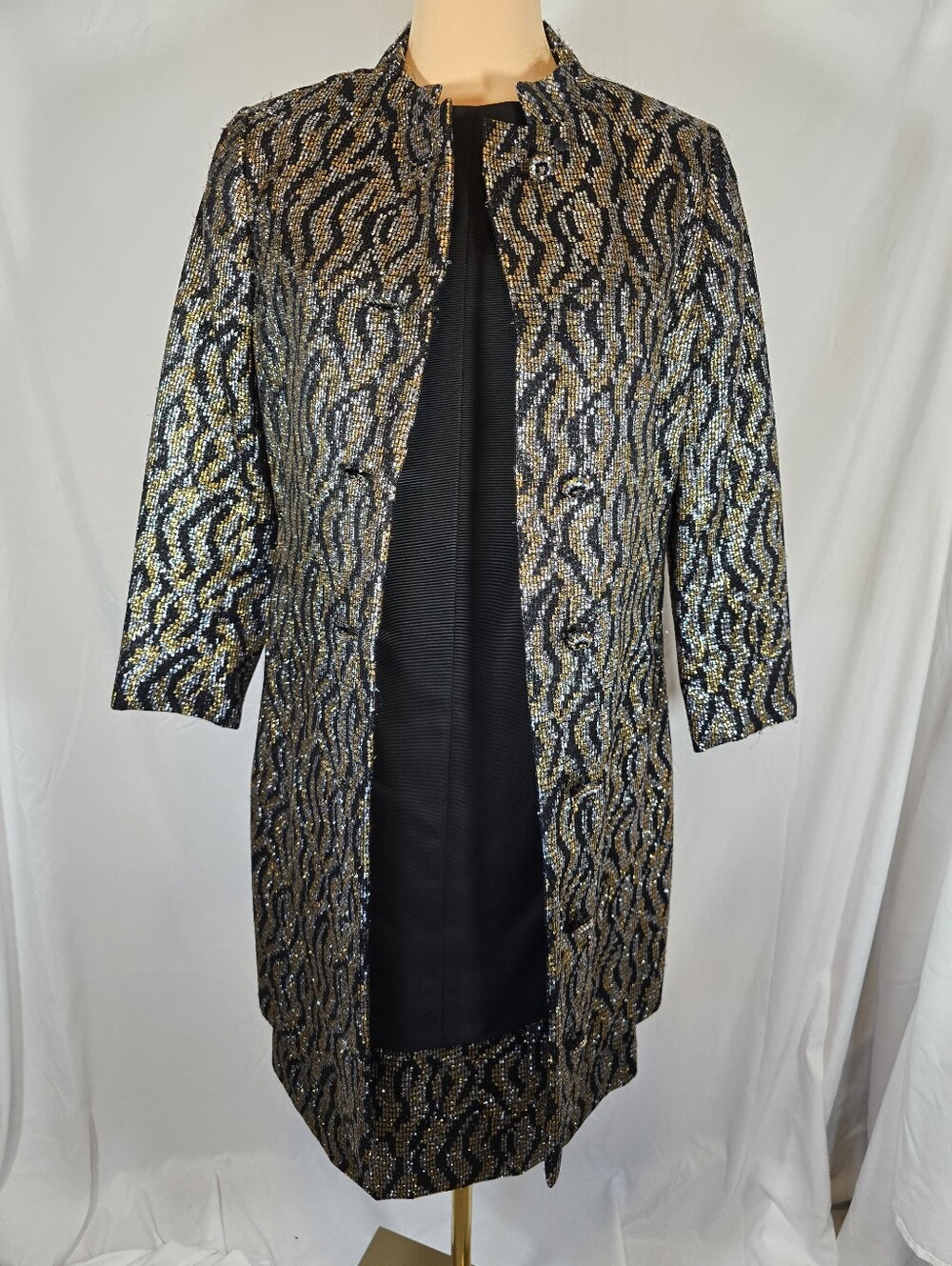 Vintage Classic Black Midi Dress with Embellished Hem & Matching Metallic Jacket